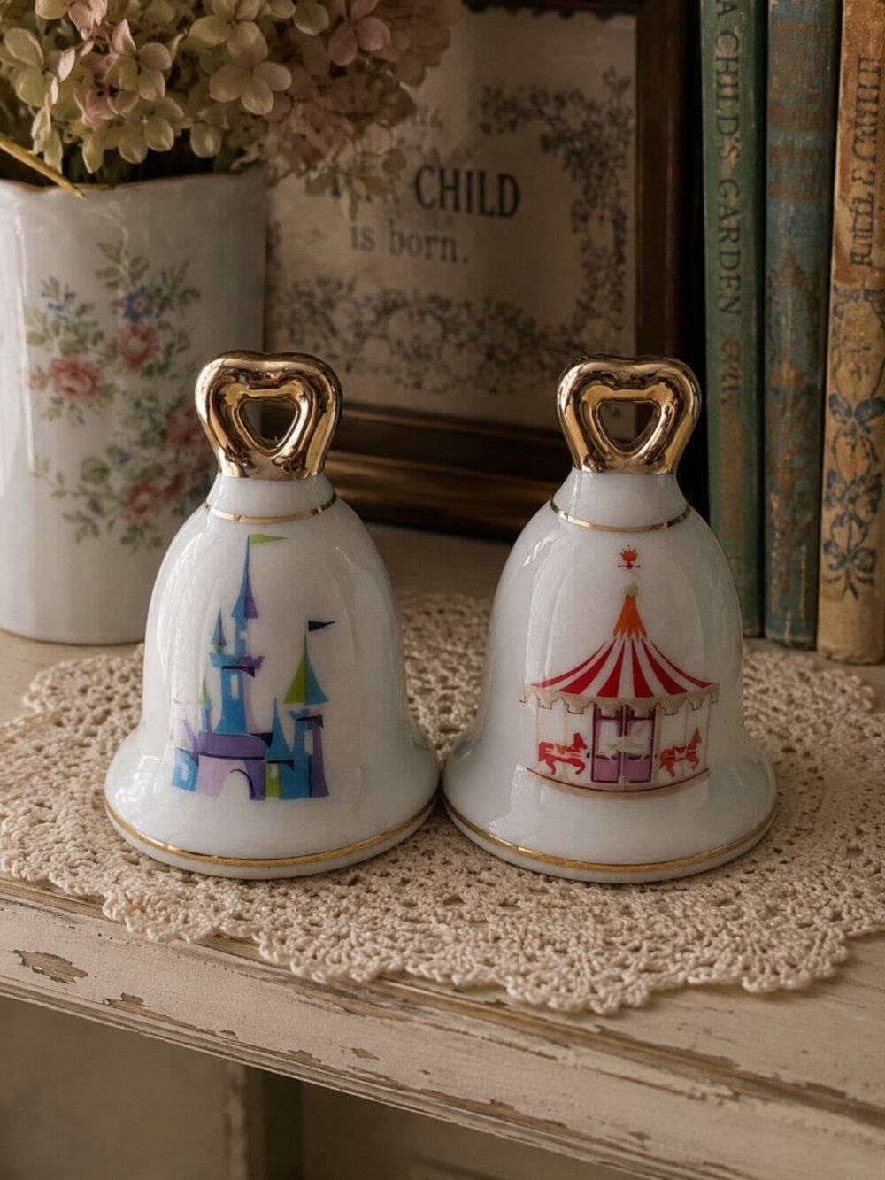 Vintage 1960s Bell Salt & Pepper Shakers Castle Carousel Gold Trim 2.5